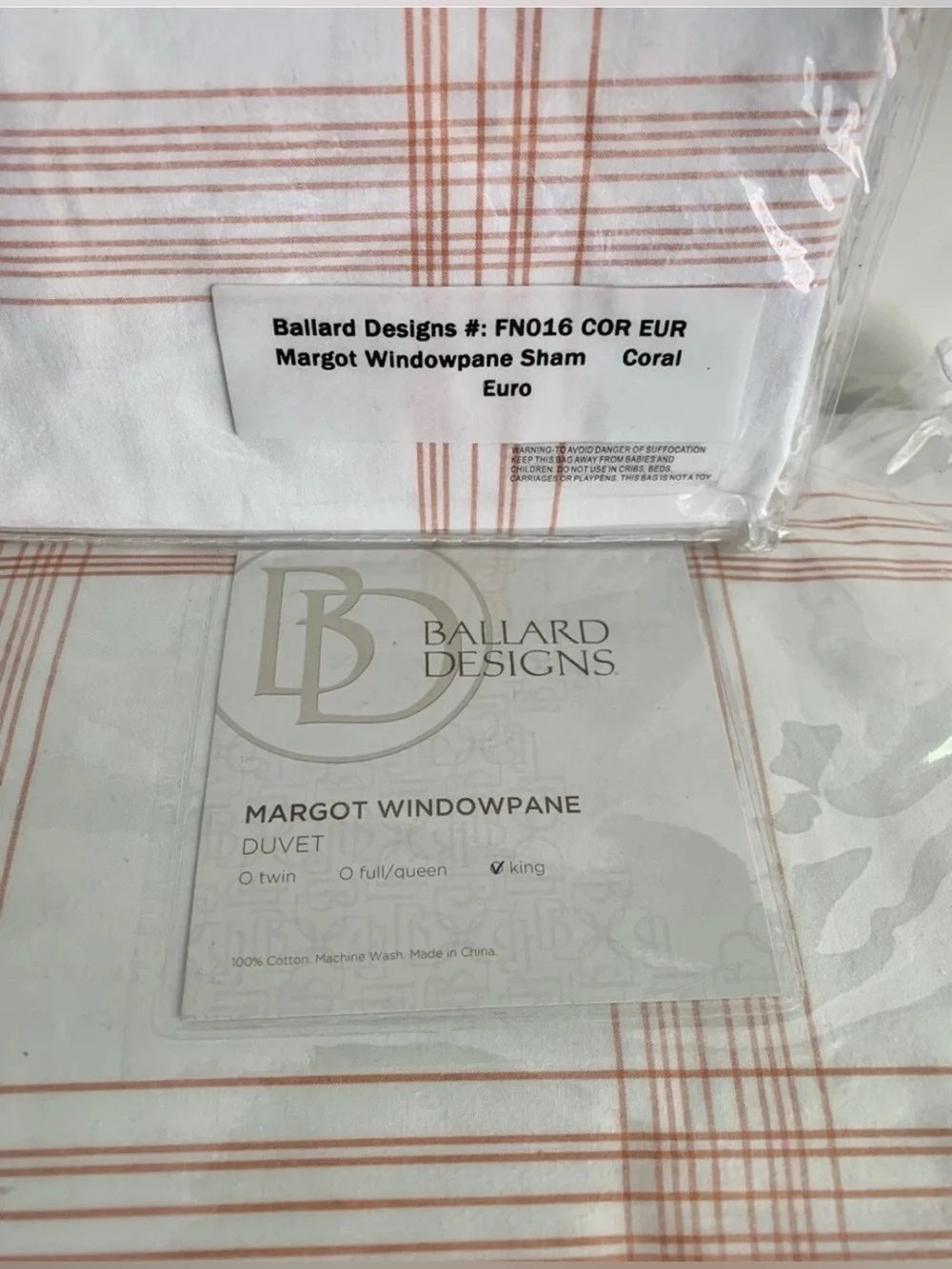 SET Ballard Designs Coral Windowpane Plaid King Duvet & 3 Euro Shams NIP